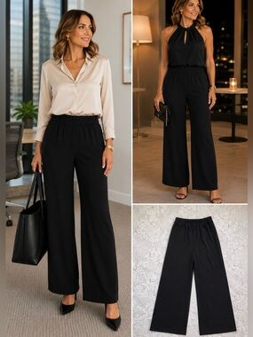 💥IC By Connie K Black Pull-On Wide Leg Knit Pants Made in USA Size M🧡